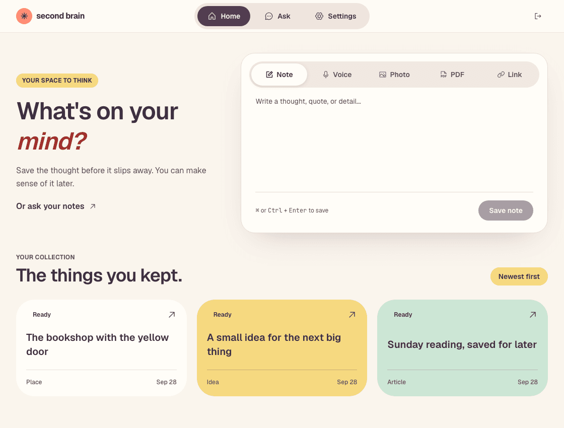 Second Brain: capture notes, voice, photos, PDFs and links above a collection of saved memories